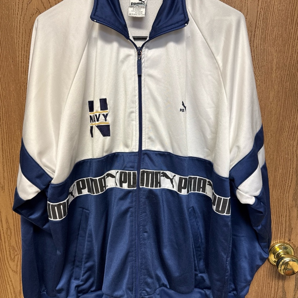 Vintage XL Puma Track Jacket Y2K Spellout T7 Style Blue White Big Logo
